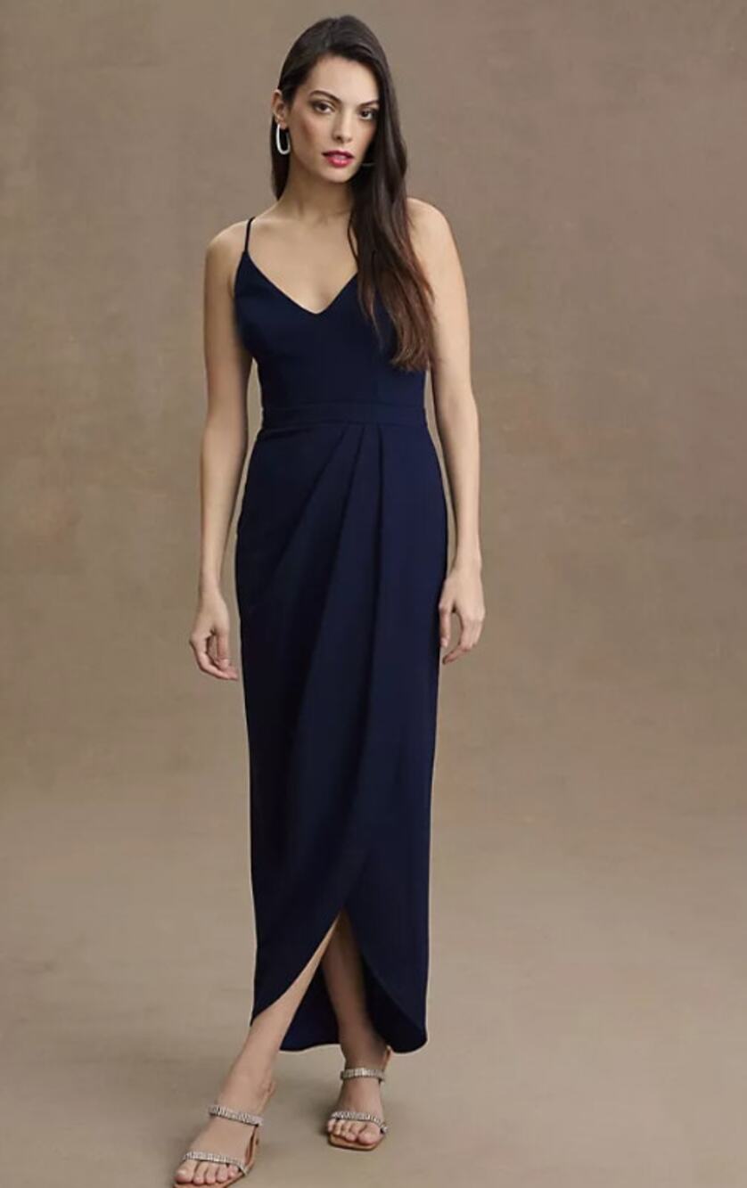 BHLDN Lyra Caron V-Neck Midi Bridesmaids Dress Crepe Ruched Sleeveless Gown Blue